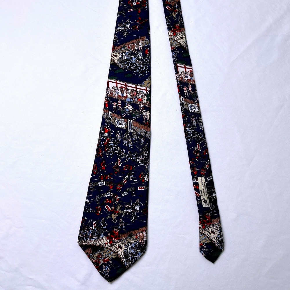Wheres Waldo Mens 1992 Samurai Battle Silk Novelty Tie OS Navy Blue Geek Chic